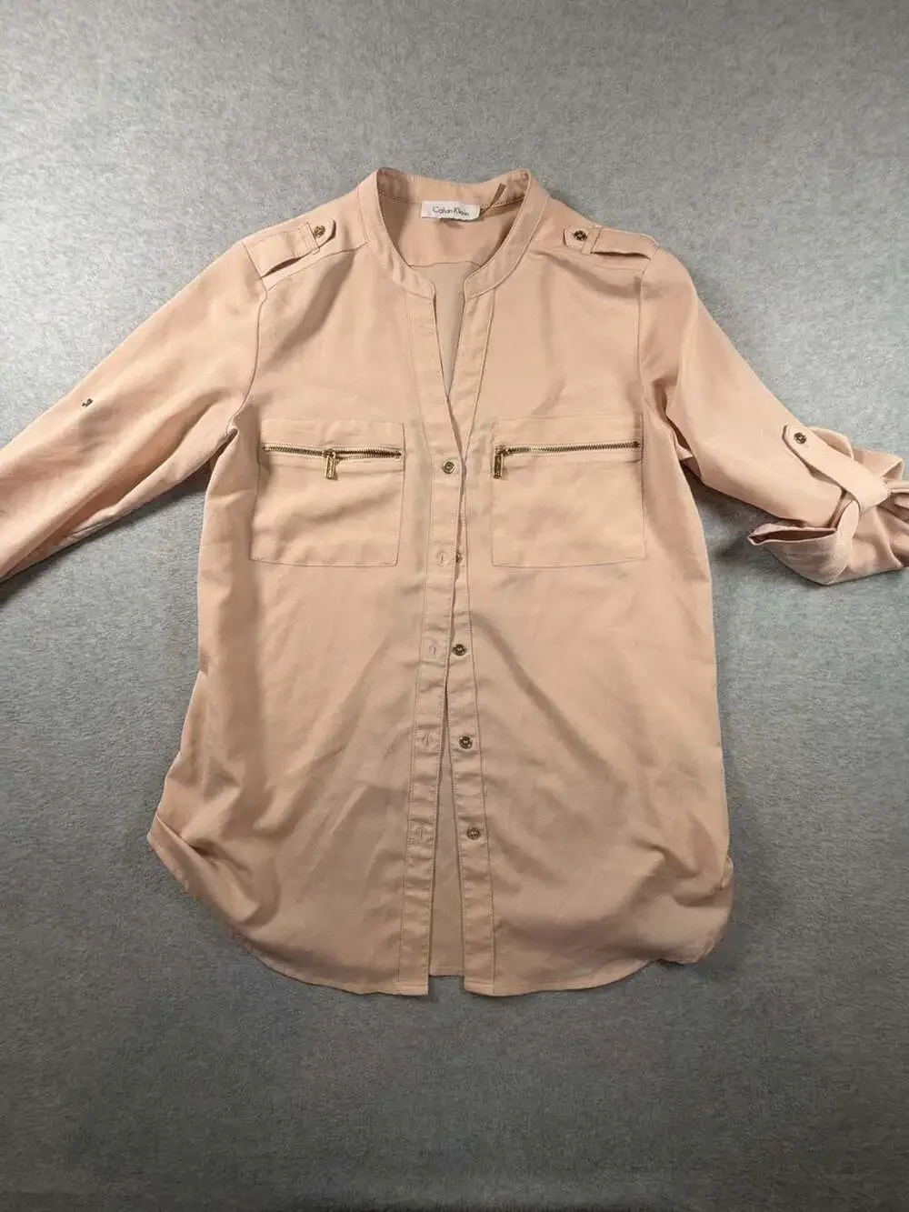 Calvin Klein Women's Blush Peach Button-Down w/Zip Pockets  Roll-Tab Sleeves